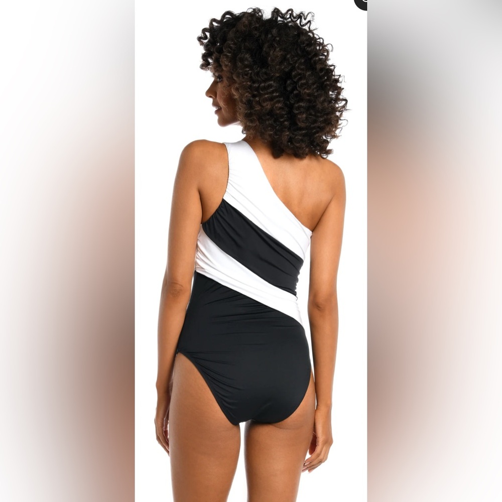 LaBlanca One Shoulder Shirred Black and White Swimsuit - Size 14 - Picture 3 of 6